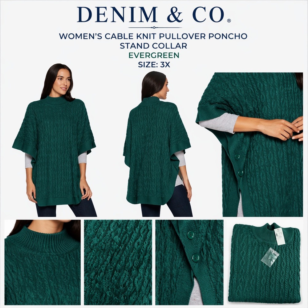 Denim & Co Womens Evergreen Cable Knit Pullover‎ Poncho Stand Collar 3X A298462